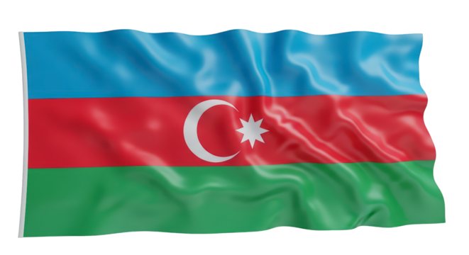 Waving national flag of the Republic of Azerbaijan with crescent and star, isolated realistic cloth texture transparent PNG 4K (अज़रबैजान झंडा) - Powered by Adobe