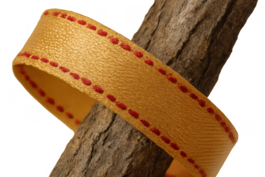 Yellow ribbon with red stitching wrapped around a rustic tree branch, contrasting colors and textures, transparent background