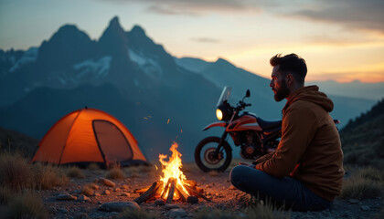 Man sits by campfire near tent and motorbike in mountains at dusk. Orange glowing fire, silhouette mountains, evening sky, solo adventure, biker rest.