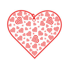 Design of different hearts in a large heart with a red zipper.Heart pattern on white background. Surface for wrapping paper, digital paper, shirts, cloths. Love and romantic .Abstract  concept.