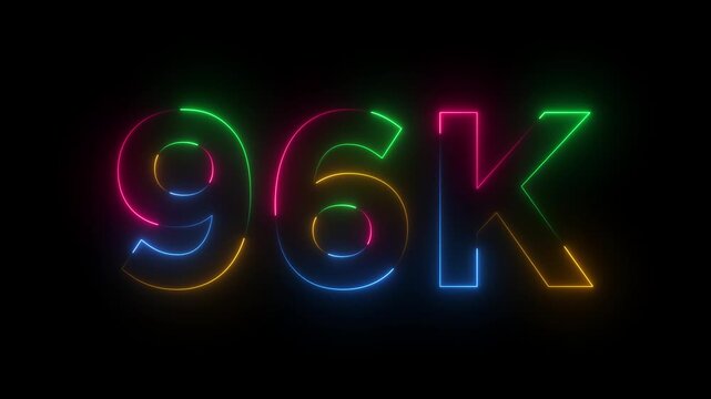 Abstract glowing neon light 96K letter animation.96K followers or subscribers.Thank you followers congratulation.96K subscribers modern animation banner design.