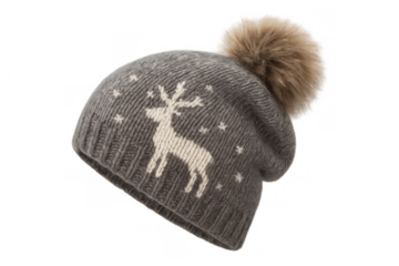 Gray winter knit beanie hat providing warmth and festive style for cold weather, showcasing a white reindeer and star design