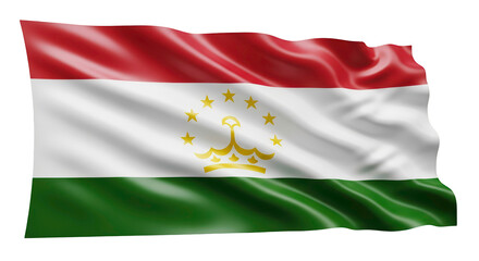 Naklejka premium Dynamic waving national flag of the Republic of Tajikistan with the crown and stars emblem, transparent PNG 4K file (ताजिकिस्तान झंडा)