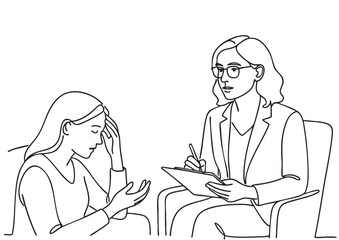 Line sketch of Woman Psychology Doctor Giving Session to Depressed Girl
