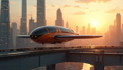 Fototapeta premium Futuristic orange air vehicle flies above metropolis bridge. Modern eco transport system operates during sunset. Self-driving shuttle innovation promises efficient future urban travel. Advanced tech