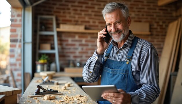 Mature man carpenter talks on phone, smiles. Holds digital tablet in garage workshop. Grey haired male woodworker manages craft business, uses tech devices for work. Happy in home hobby studio, - Powered by Adobe