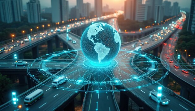 Global digital network with holographic Earth overlays busy complex urban highway interchange. Smart cars drive on futuristic city roads, showing advanced control. Intelligent system connects