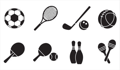 Sports equipment silhouette set featuring tennis racket, soccer ball, and golf club on white background