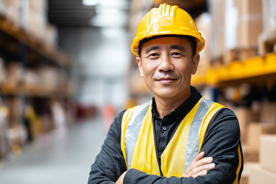 A man wearing a yellow safety vest and a hard hat is smiling for the camera - Powered by Adobe