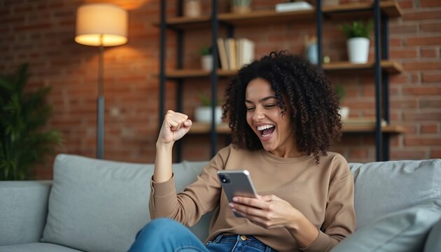 Woman on couch holds phone, fist pump, cheers with joy. She received good news via text message or won mobile game. Excitement visible on face, pure happiness.