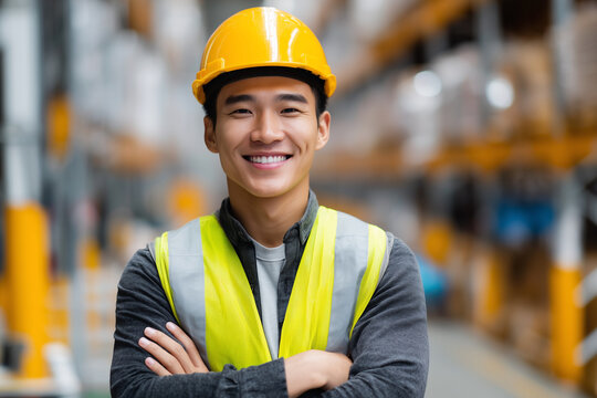 A man wearing a yellow safety vest and a hard hat is smiling