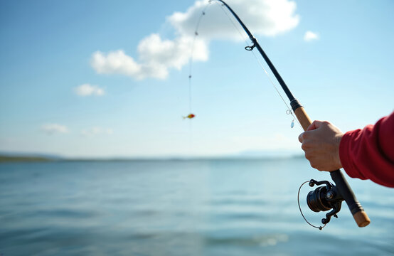 Person in red shirt holds a fishing rod, casting a lure over calm water. Bright blue sky with clouds above, distant land. Man enjoys outdoor hobby, angling sport near lake or river shore.
