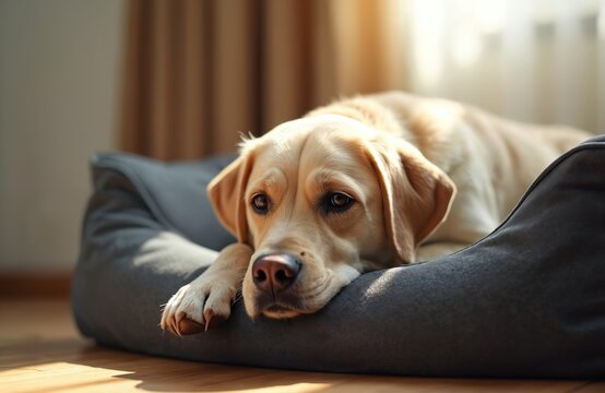 Golden Labrador dog rests calmly in a soft, comfy dog bed inside a warm, sunny home. The loyal pet looks directly at viewer. Good boy enjoys quiet day, relaxes peacefully in cozy spot, feeling safe. - Powered by Adobe