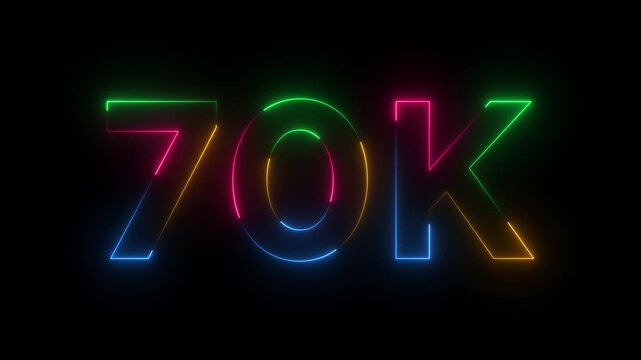 Abstract glowing neon light 70K letter animation.70K followers or subscribers.Thank you followers congratulation.70K subscribers modern animation banner design.