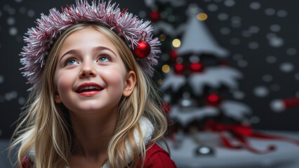 Anticipation: Young girl smiling with festive headband in front of Christmas tree  
