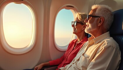 Elderly couple smiles looking out airplane window at sunset. Mature man and woman travel by air enjoying scenic view. Happy retired pair on vacation flight.