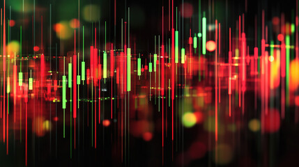 Overlapping red and green stock candles floating in midair, artistic representation of market movement and decision making