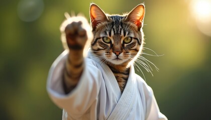 Tabby cat wears white karate gi, raises fist in attack pose outdoors. Animal displays martial arts skill, fierce look. Cute feline fighter trains in dojo setting, sunlit.