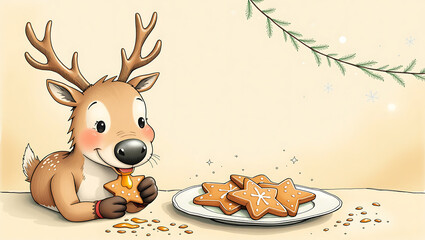 Cute cartoon reindeer enjoying gingerbread cookies on a festive background  