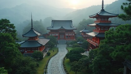 Japanese temple complex in misty mountains at sunrise. Traditional red pagodas stand among green trees. People stroll on stone path exploring ancient sacred grounds of famous historic landmark in