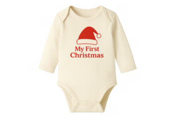 Baby bodysuit featuring my first christmas text and a red santa hat on an isolated transparent background