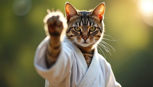 Tabby cat wears white karate gi, raises fist in attack pose outdoors. Animal displays martial arts skill, fierce look. Cute feline fighter trains in dojo setting, sunlit.