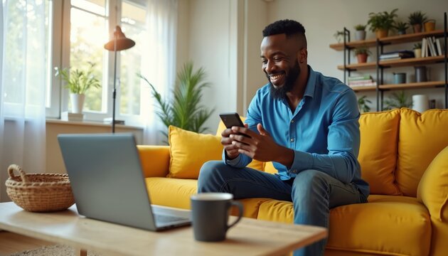 Smiling Black man sits on yellow sofa in bright living room. Uses smartphone for online connection. Laptop, coffee mug nearby indicate remote work. Man enjoys flexible modern tech lifestyle at home. - Powered by Adobe