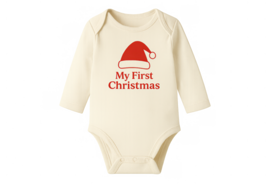 Baby bodysuit featuring my first christmas text and a red santa hat on an isolated transparent background