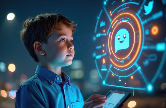 Young boy uses tablet with virtual chatbot hologram. Boy interacts with digital social network. Boy holds device with futuristic AI bot interface. Virtual assistant helps boy with online information.