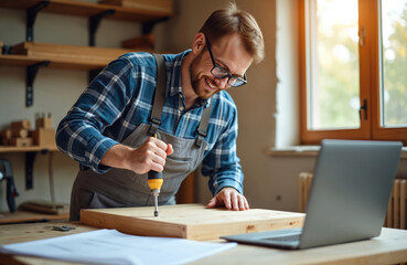 Fototapeta na wymiar Smiling bearded man uses screwdriver to assemble new wooden table. Focuses on DIY project, working with tools in sunlit home workshop. Laptop shows furniture assembly plans. Happy craftsman builds.
