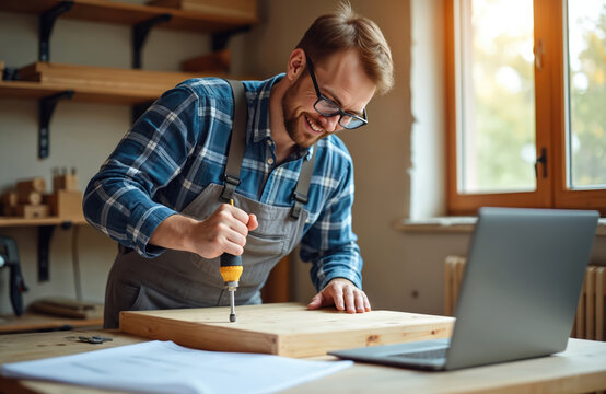 Smiling bearded man uses screwdriver to assemble new wooden table. Focuses on DIY project, working with tools in sunlit home workshop. Laptop shows furniture assembly plans. Happy craftsman builds.