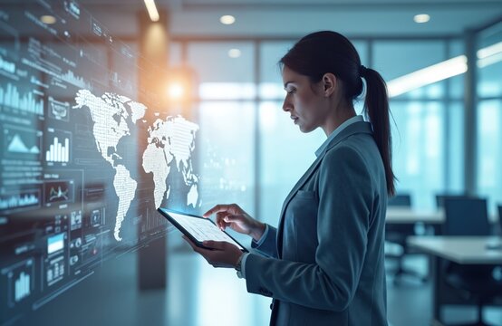 Pro woman in modern office interacts with large digital world map, various data displays. Uses tablet device to manage global information, advanced tech analytics. Innovative network view helps
