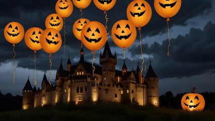 Pumpkin balloons with spooky faces floating above a gothic castle, lightning flashing in the background.
