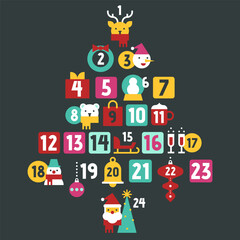 Festive Christmas Tree Advent Calendar Design With Cute Holiday Icons on Dark Modern Winter Background