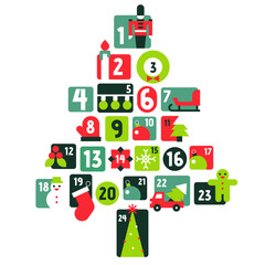 Bright Advent Calendar Christmas Tree Vector Layout With Fun Holiday Icons and Classic Red Green Winter Style