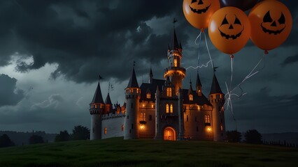 Pumpkin balloons with spooky faces floating above a gothic castle, lightning flashing in the background.