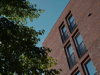 Modern apartment building brick facade with balconies framed by green tree foliage