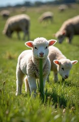 Obraz premium Cute fluffy lamb munches on green grass stem in sunlit pasture. Other sheep graze blurred background. Springtime on farm shows young animal life, nature bounty.