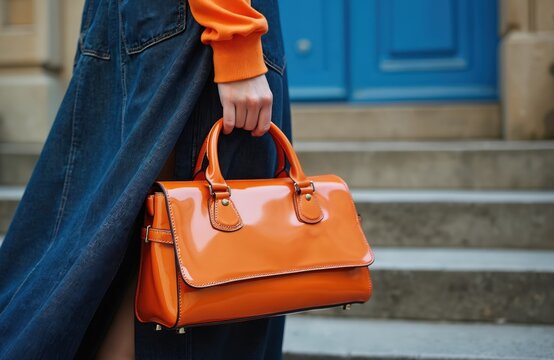 Stylish woman holding vibrant orange handbag on city street. Denim dress, bright sweater complement bold accessory. Urban fashion, contemporary style, focus on color, texture. Ideal for trends,