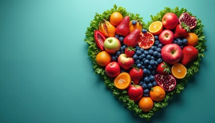 Heart shape made from various fresh fruits and berries on cyan background. Healthy eating concept for nutrition promotion. Colorful vibrant fruits arrangement. World health day design.
