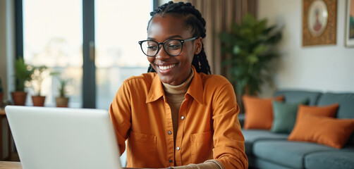 Young Black woman works on laptop in home. Smiles, wears glasses, orange shirt in modern apartment. Happy freelancer uses computer for online communication, remote job, social media research everyday.