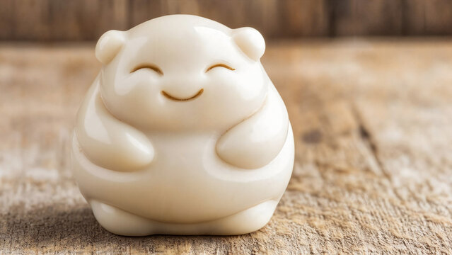 Ivory-style netsuke figurine of a happy bear on rustic wooden background, auction visuals, Japanese culture promotions, museum publications, educational materials, cultural branding 