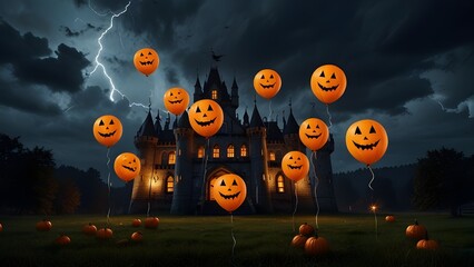 Pumpkin balloons with spooky faces floating above a gothic castle, lightning flashing in the background.