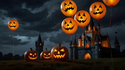 Pumpkin balloons with spooky faces floating above a gothic castle, lightning flashing in the background.