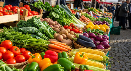 Assorted ripe vegetables in a wooden crate on a wood surface show the beauty of agricultural produce.