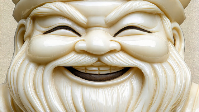 Ivory-style netsuke figurine of a smiling figure with detailed facial detail, art catalogs, auction visuals, Japanese culture promotions, museum publications, educational materials, cultural branding 