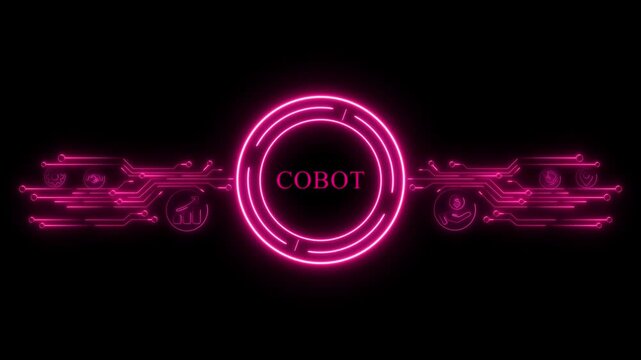Neon Cobot Circuit Board with Icons collaborative robot . Neon business, Technology and network concept.