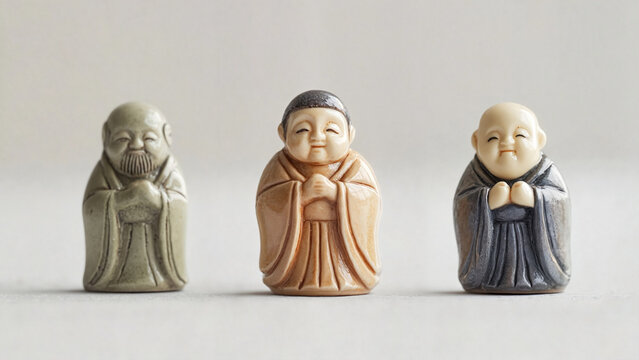 Ivory-style netsuke figurines of three cheerful figures,  art catalogs, auction visuals, Japanese culture promotions, museum publications, educational materials, cultural branding 