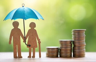 Wooden figures of senior couple under umbrella near coin stacks on blurred green backdrop. Concept represents savings insurance future retirement financial planning and support.