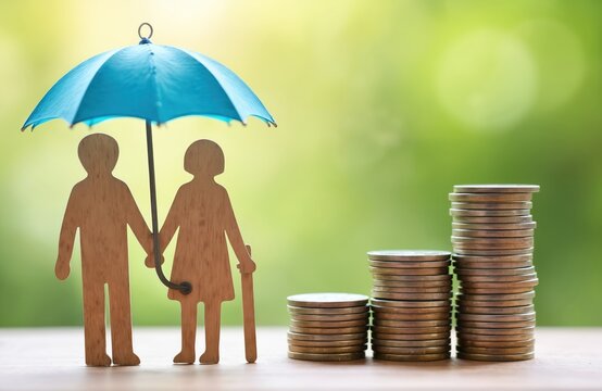 Wooden figures of senior couple under umbrella near coin stacks on blurred green backdrop. Concept represents savings insurance future retirement financial planning and support. - Powered by Adobe